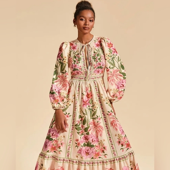 Dresses & Skirts - Floral Long Sleeve Maxi Dress in Cream and Pink